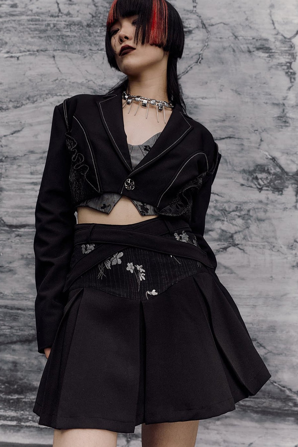 Dark Slimming Patchwork Lapel Jacket Set