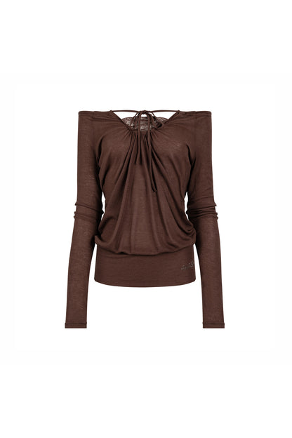 Off-Shoulder Lace Collar Long Sleeve T-Shirt