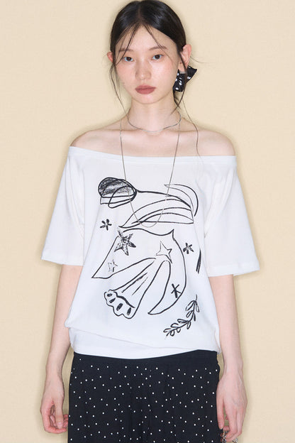 Bird And Tulip Print One-Shoulder Tencel T-Shirt