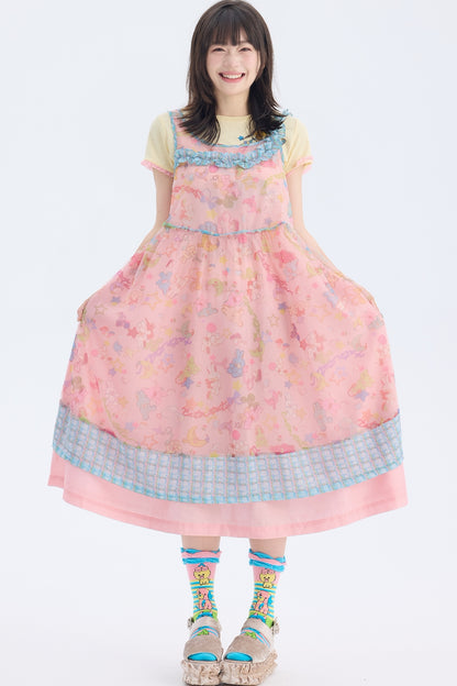 Robe en résille à bretelle asymétrique avec imprimé lapin rose