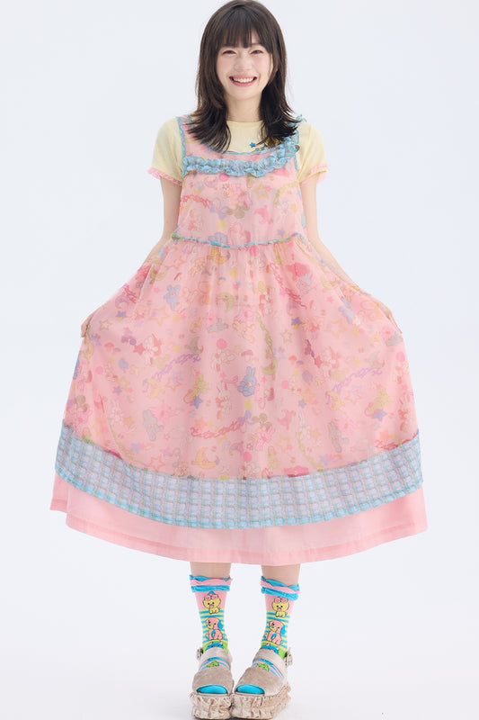 Pink Rabbit Print Asymmetrical Strap Mesh Dress
