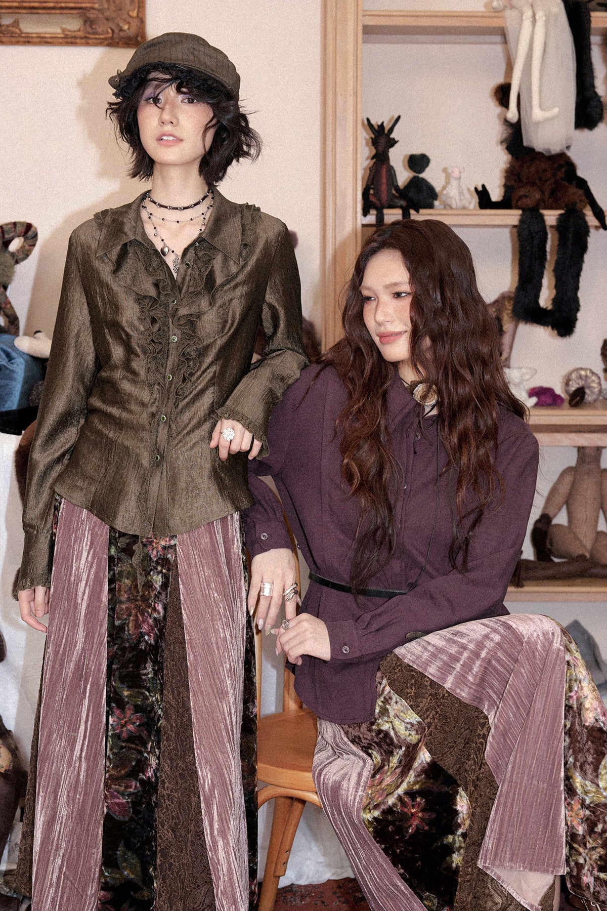Ruffled Acetate Chiffon Shirt and Skirt Set-Up