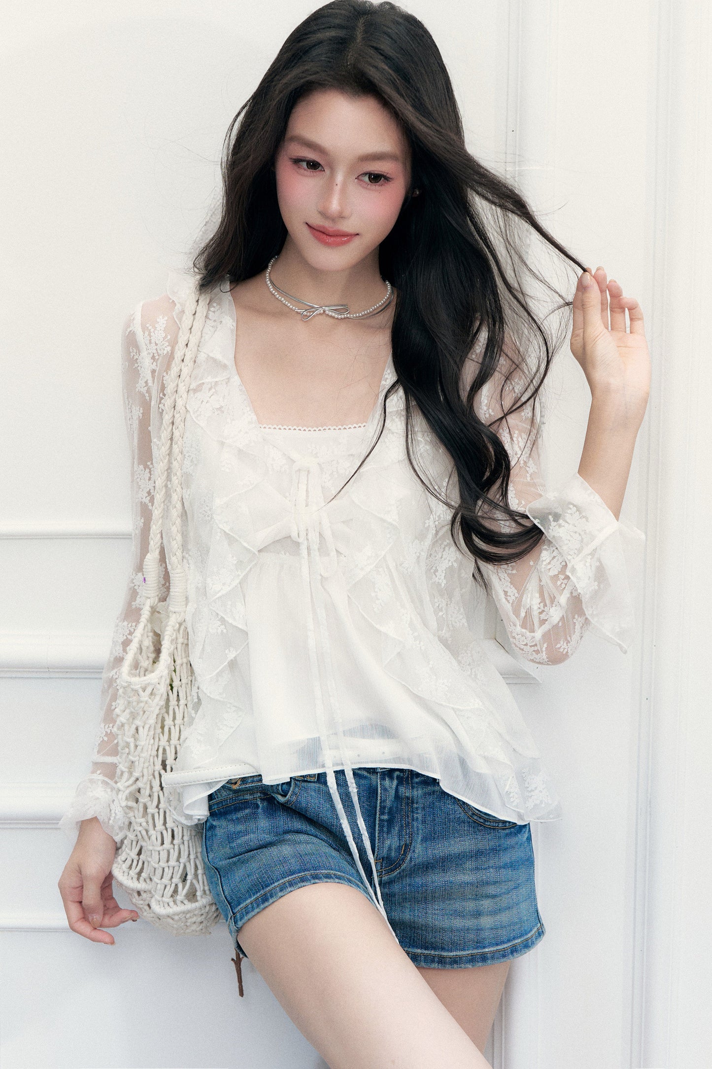White Floral Lace Cardigan Camisole Set-Up