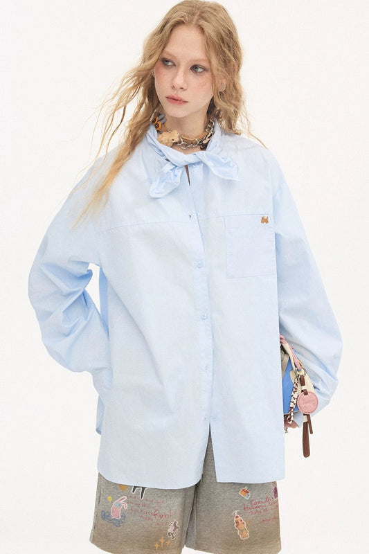 Washed Cotton Scarf-Style Blouse