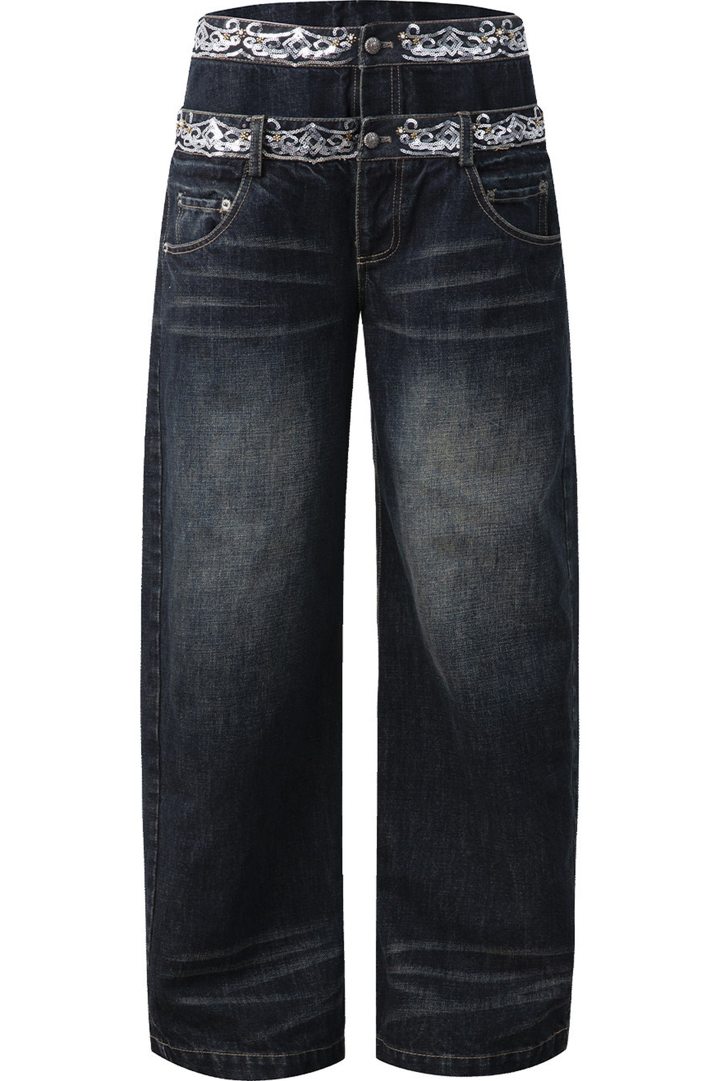 Scimitar-Cut Sequin Distressed Jeans