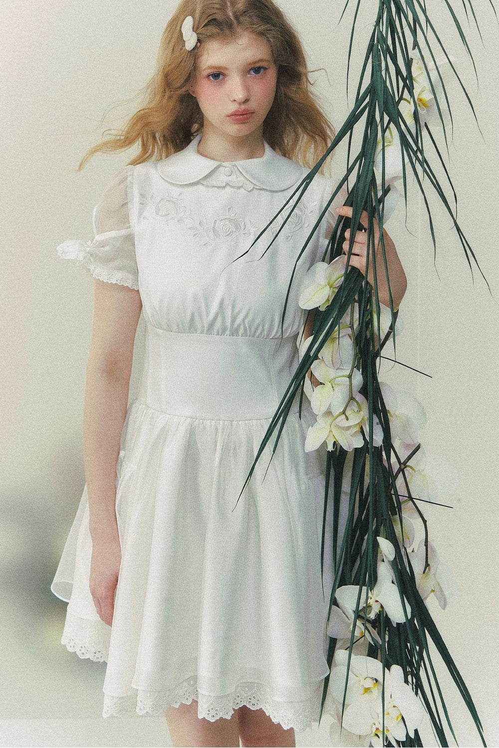 White Rose Embroidered Princess Midi Dress