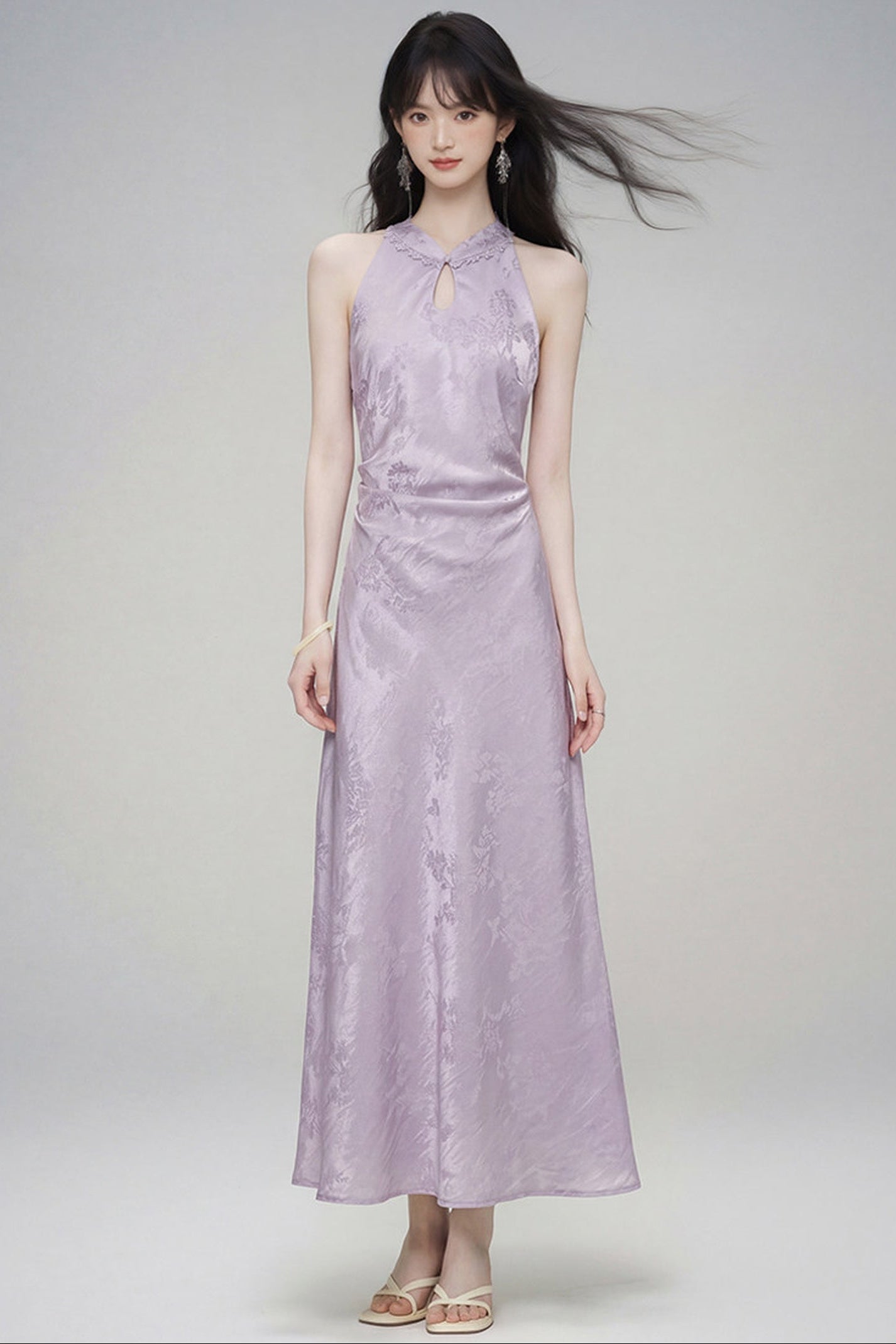 Halter-Neck Jacquard Cheongsam Dress