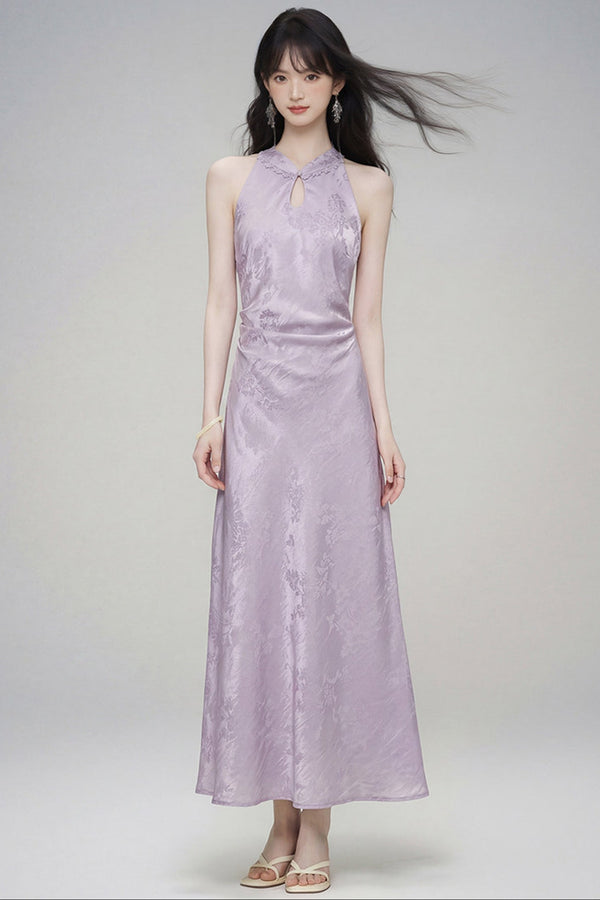 Halter-Neck Jacquard Cheongsam Dress
