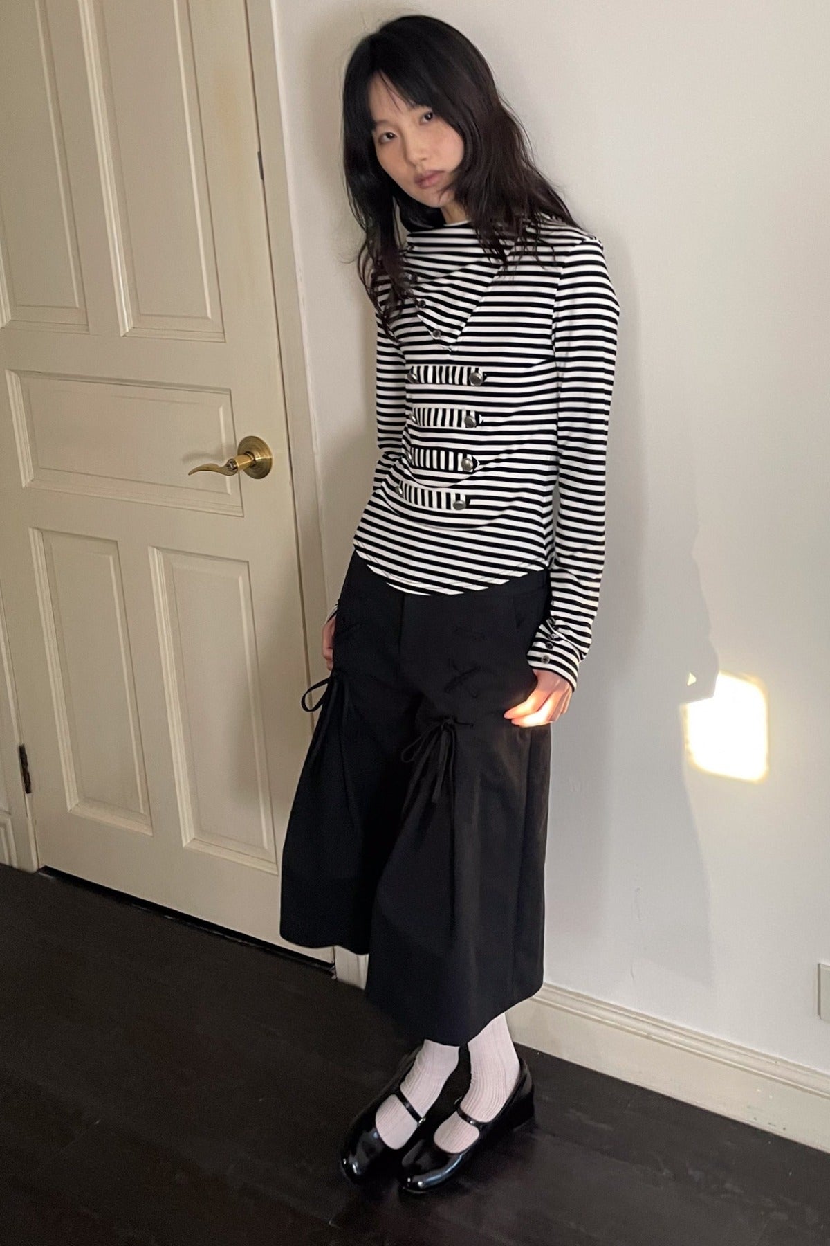 Metal Buckle Striped Knit Hood Top