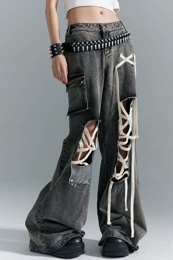 Distressed Low-Waist Lace-Up Wide-Leg Jeans