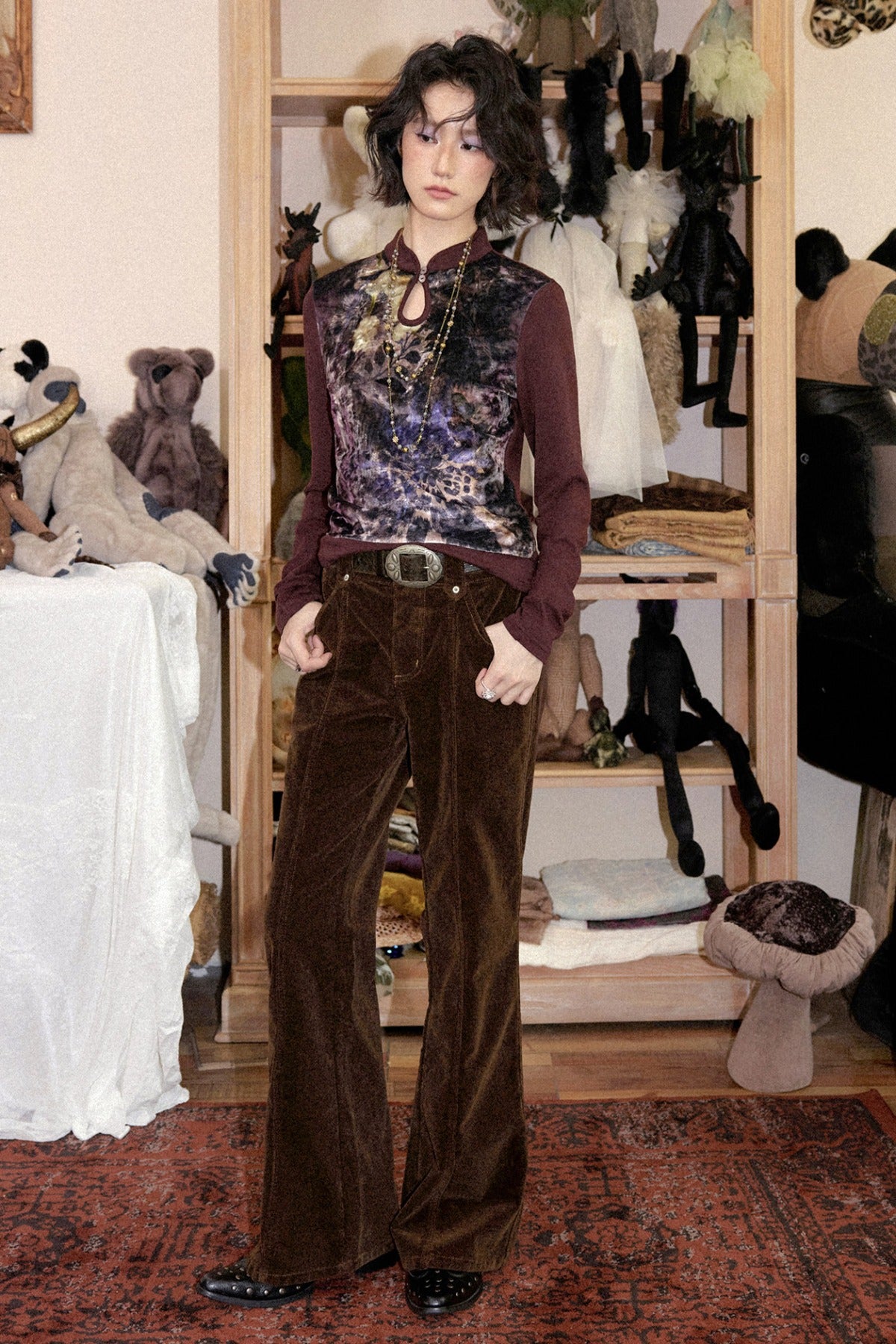 Mandarin Collar Velvet Long-Sleeve T-Shirt