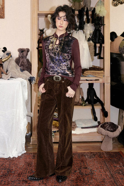 Mandarin Collar Velvet Long-Sleeve T-Shirt