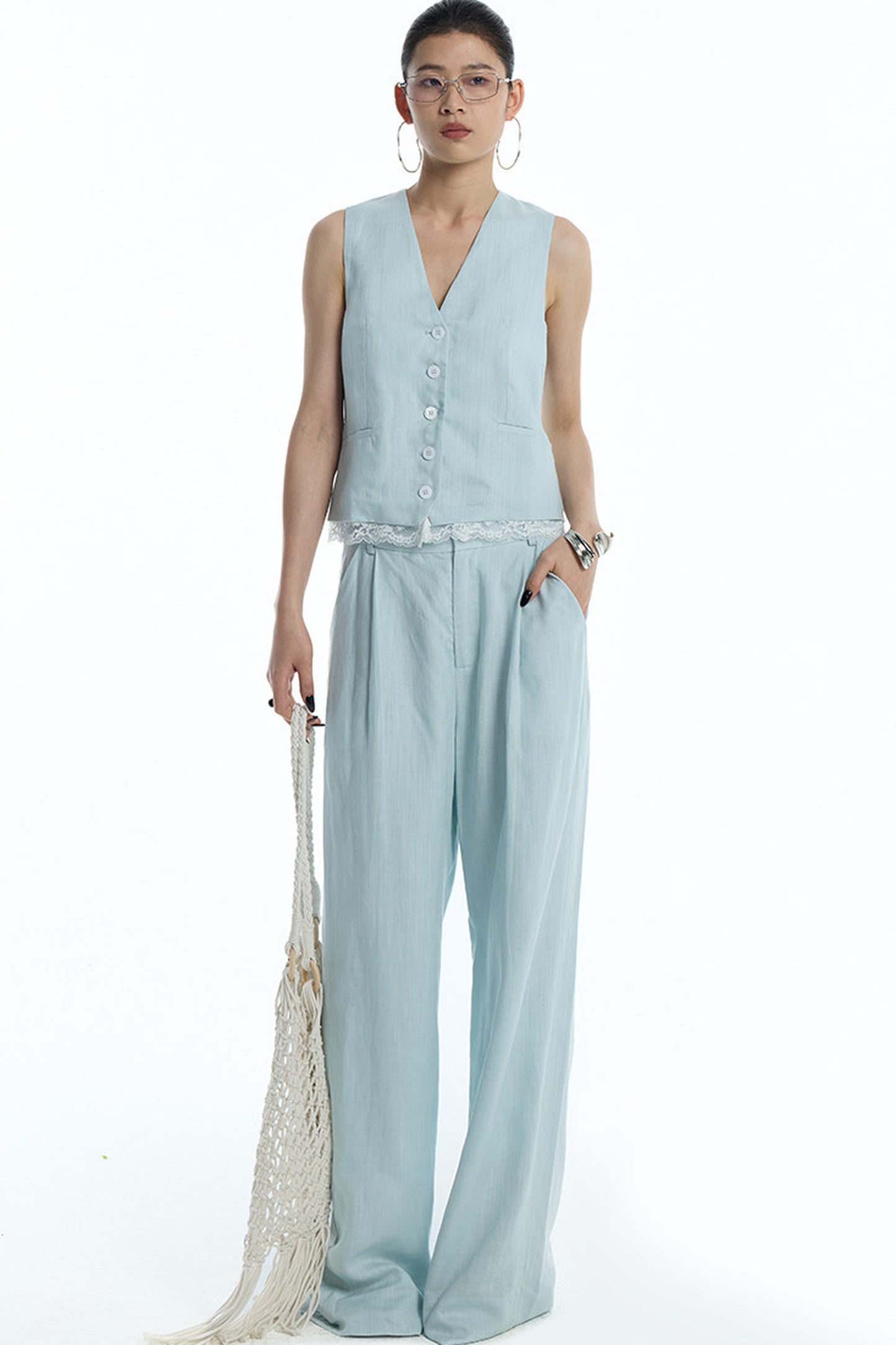 Mint Green Lyocell Cotton Linen Lace Vest and Pants Set-Up