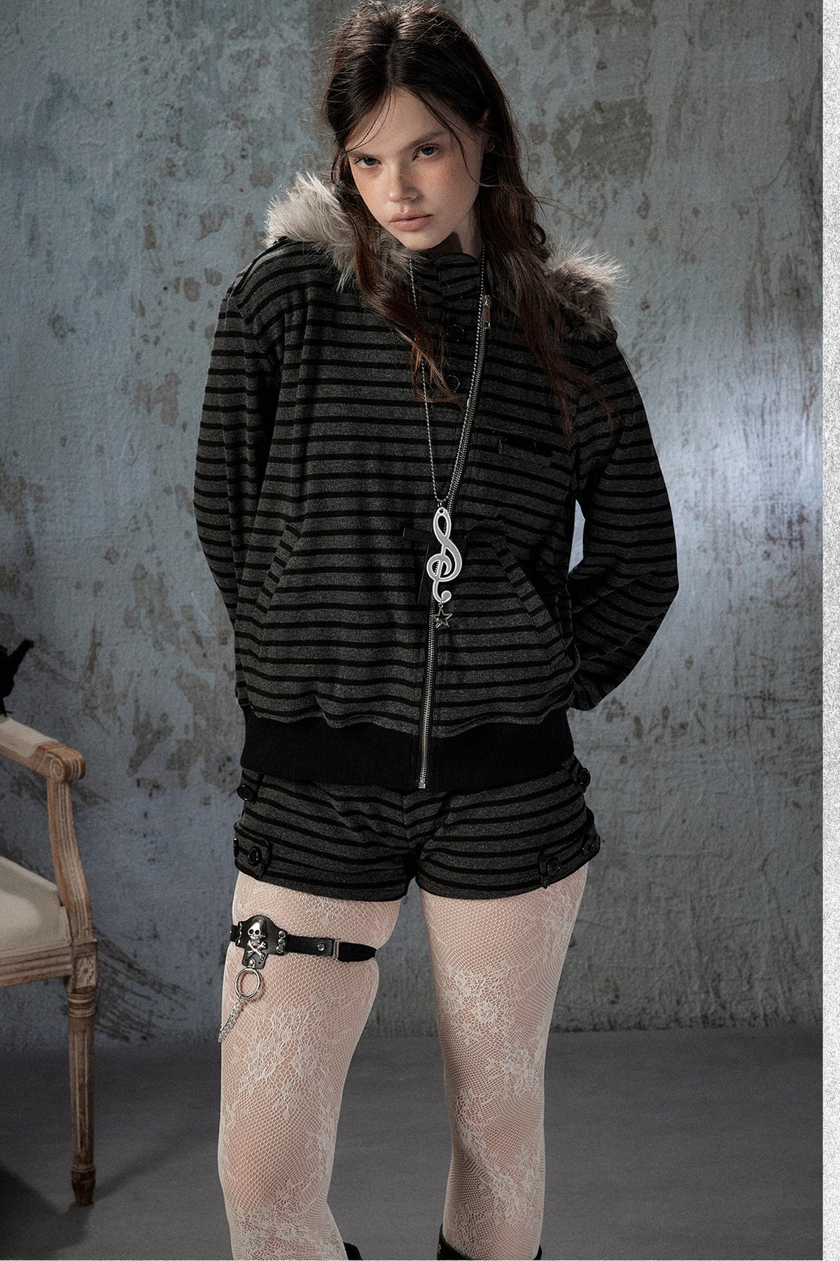 Fur Collar Striped Jacket