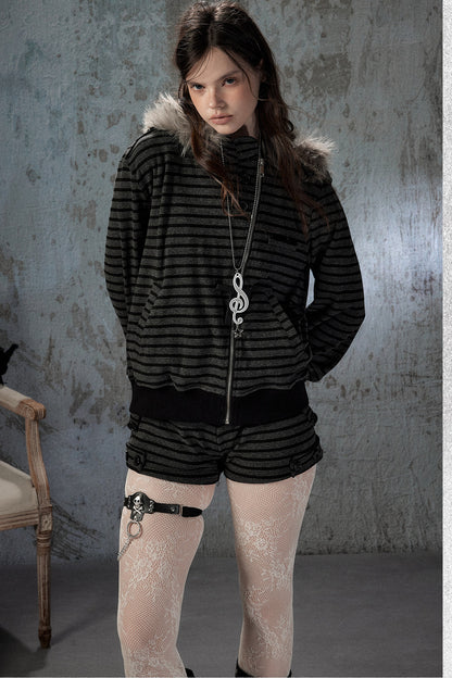 Fur Collar Striped Jacket