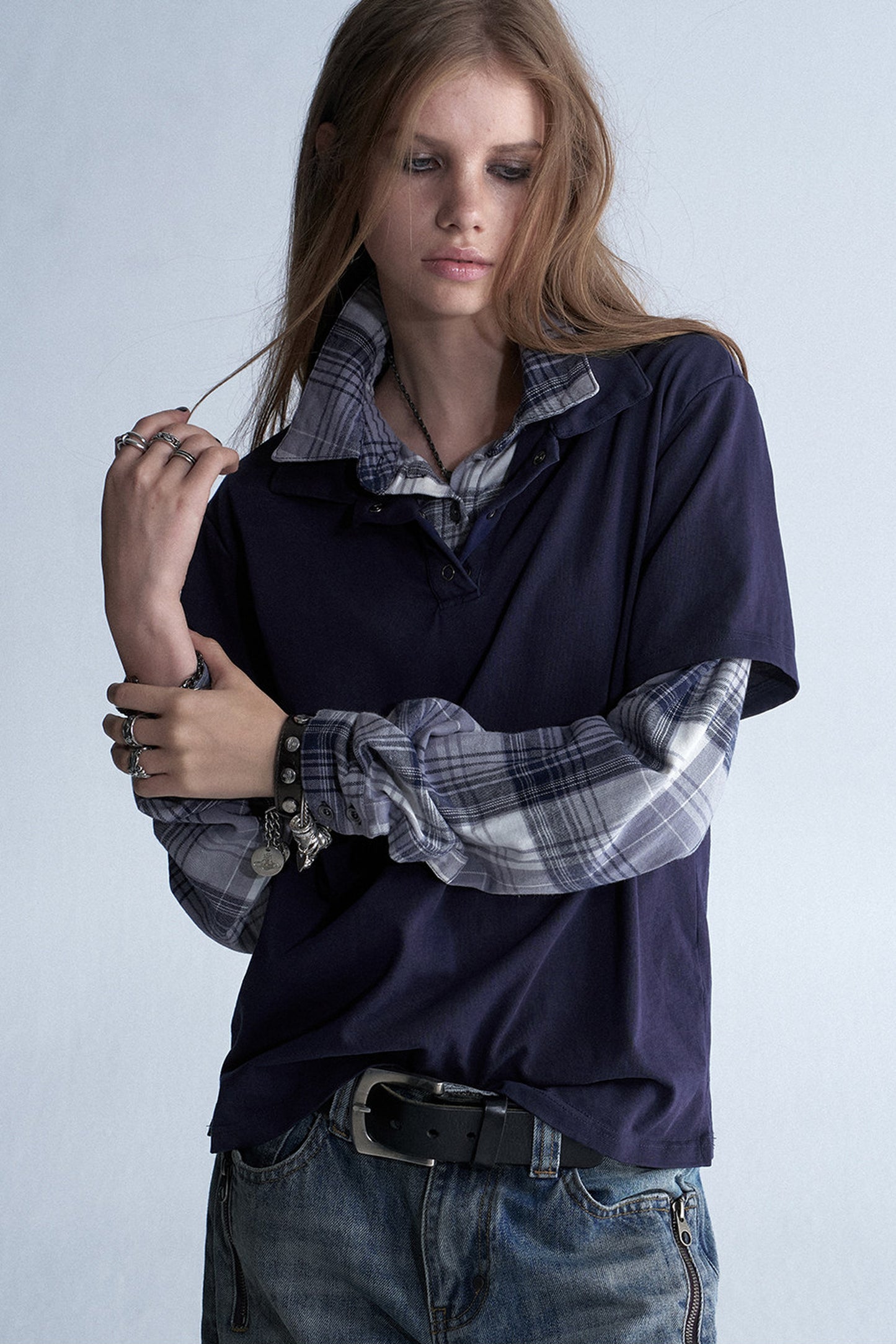 Retro Plaid Layered Washed T-Shirt