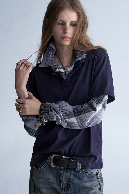 Retro Plaid Layered Washed T-Shirt