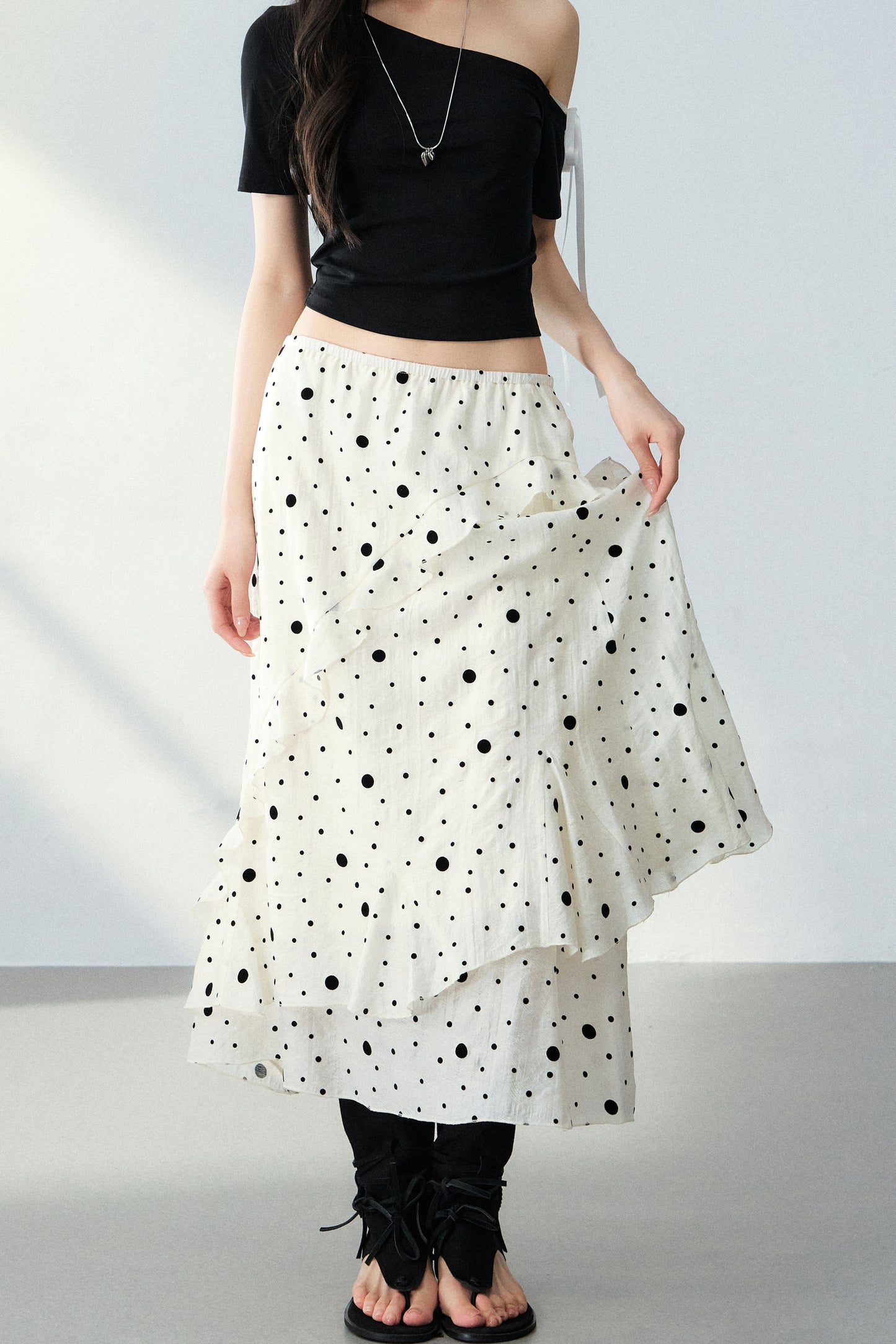 Flocked Polka Dot Ruffled A-Line Skirt and Top Set-Up