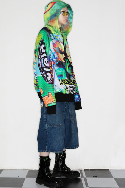 Y2K Alien Rave Print Hooded Jacket