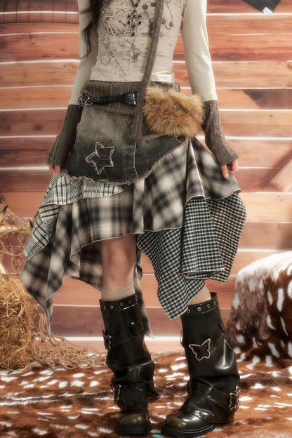 Jupe asymétrique en denim patchwork
