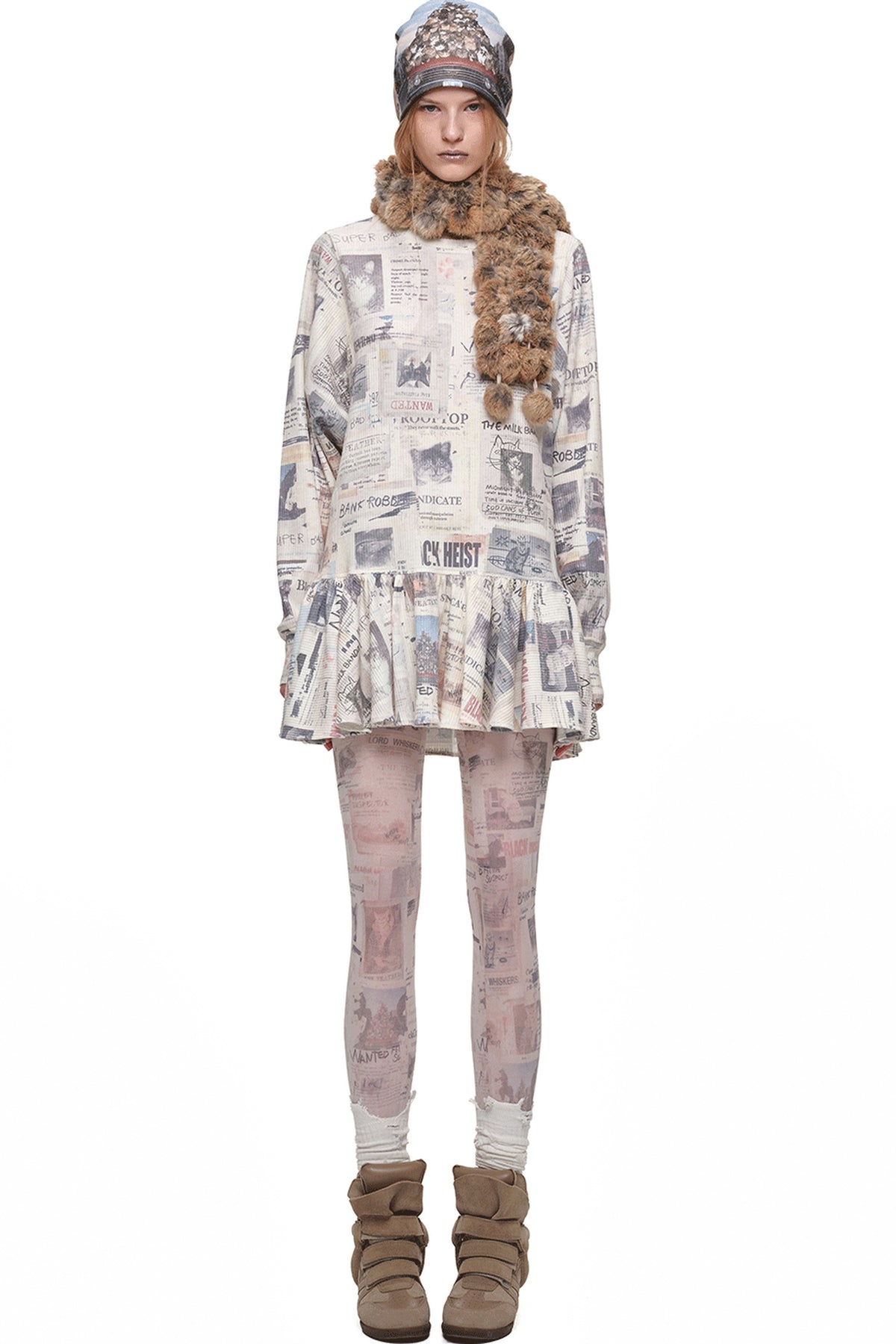 Retro Cat Irregular Newspaper Print One-Piece Stockings