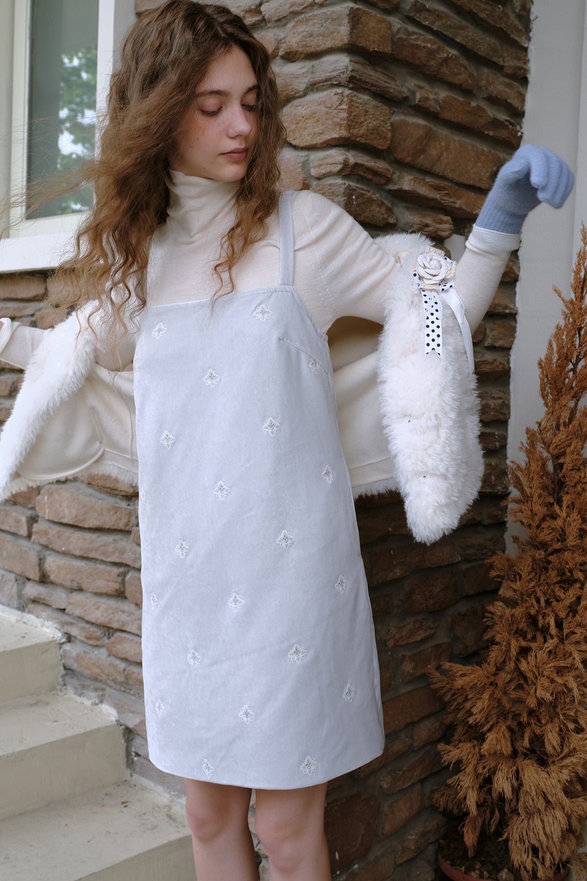 Embroidered Velvet Suspender Dress