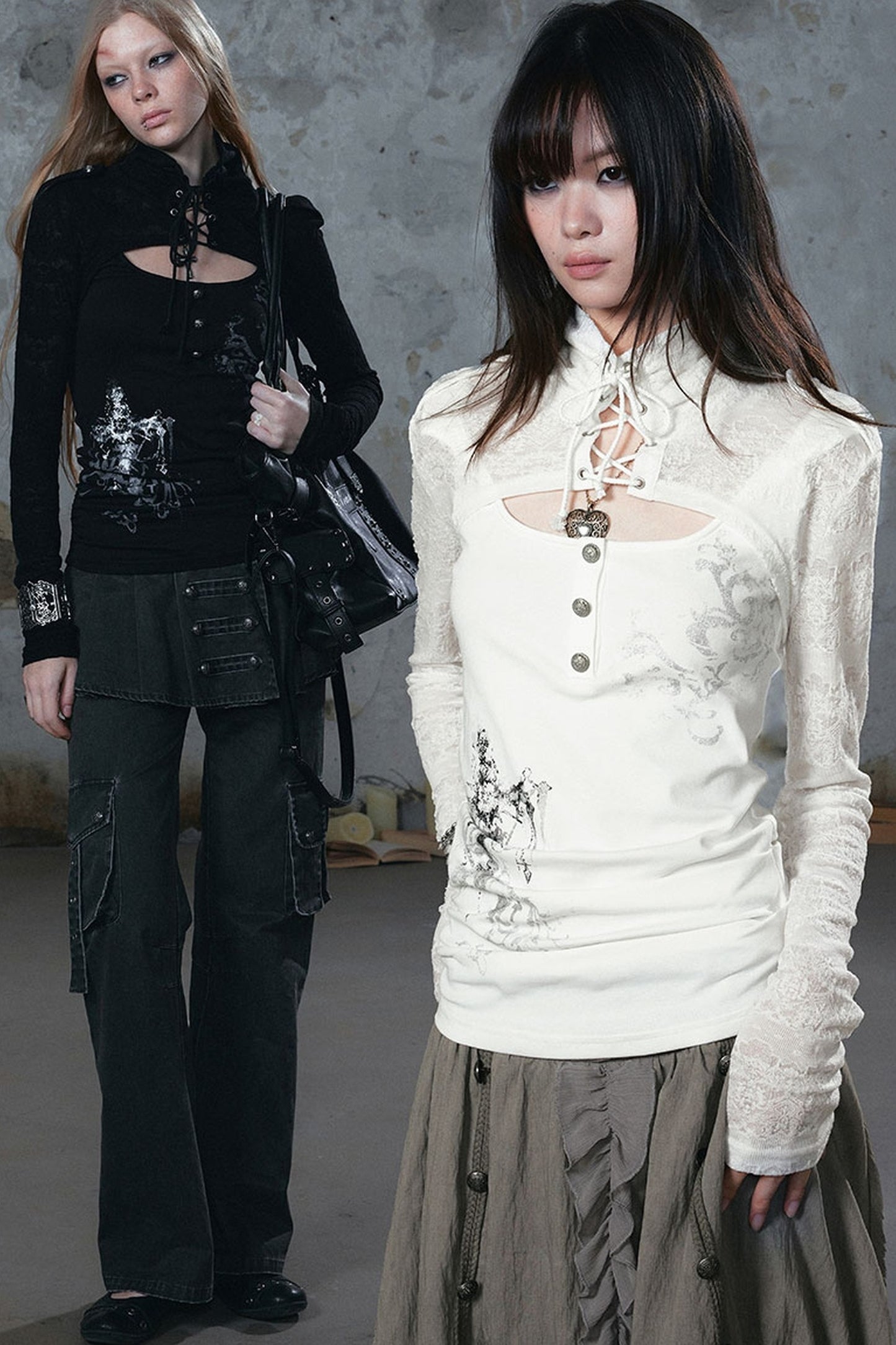 Tie-Neck Silver-Printed Long-Sleeve Top