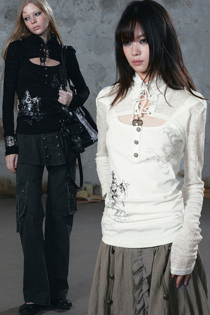 Tie-Neck Silver-Printed Long-Sleeve Top