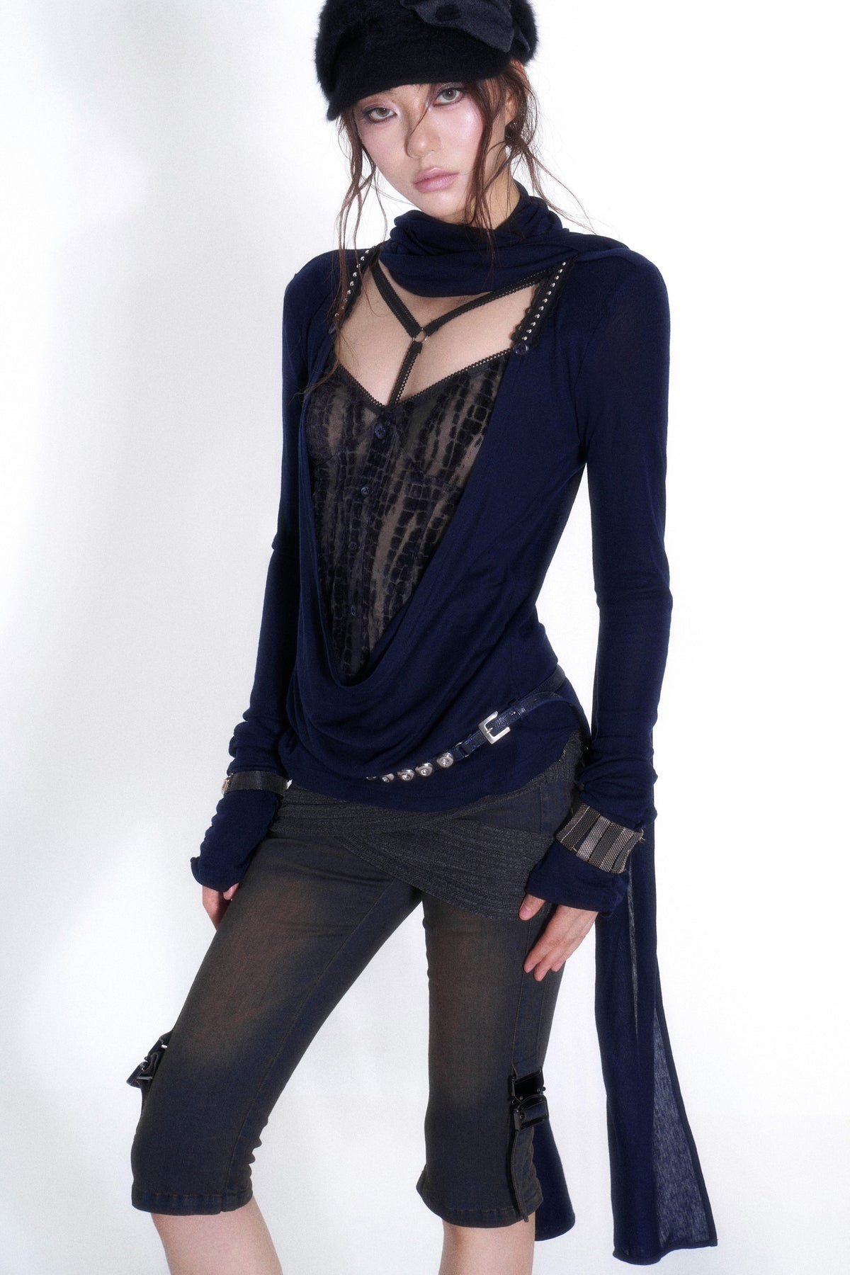 Cross-Neck Tencel Knit Mesh Spliced Long-Sleeved Top