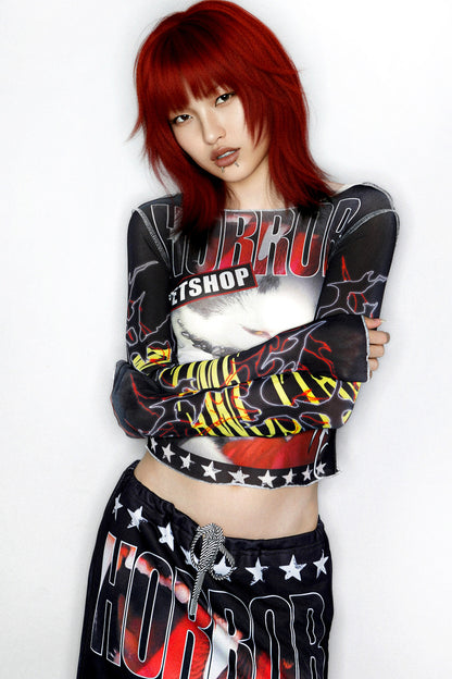 Y2K Graphic Long Sleeve Mesh Top