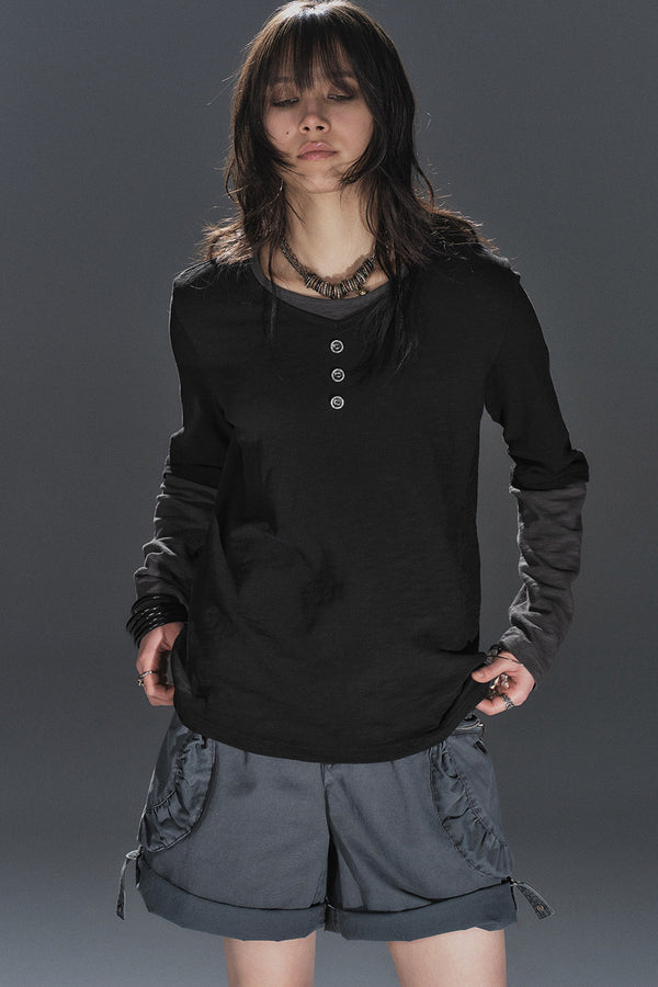 Layered-Look Button-Decorated Long-Sleeve T-Shirt