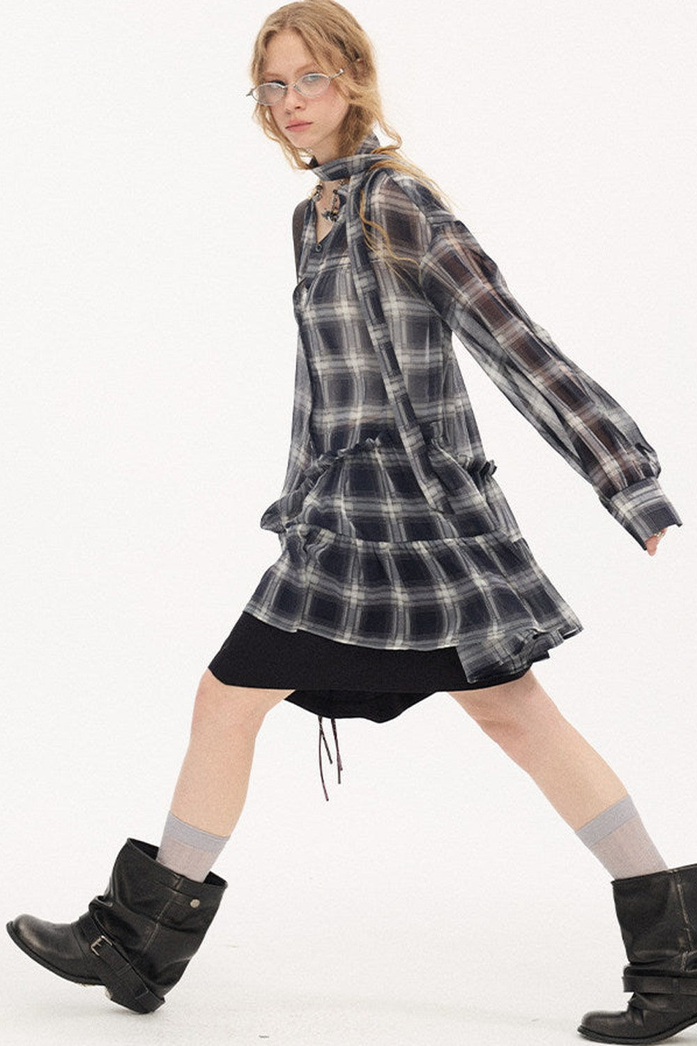 Drop Shoulder Plaid Blouse