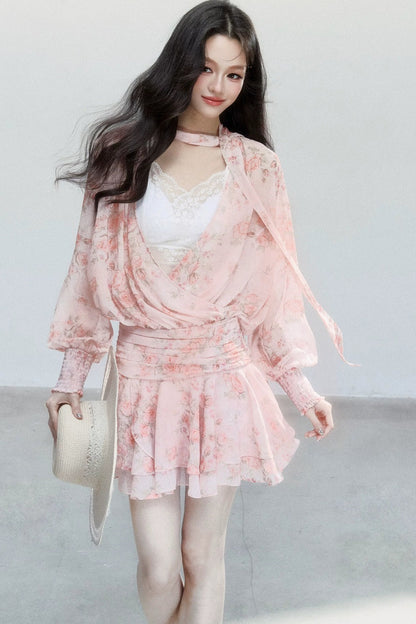 Completo Abito Floreale in Chiffon Rosa
