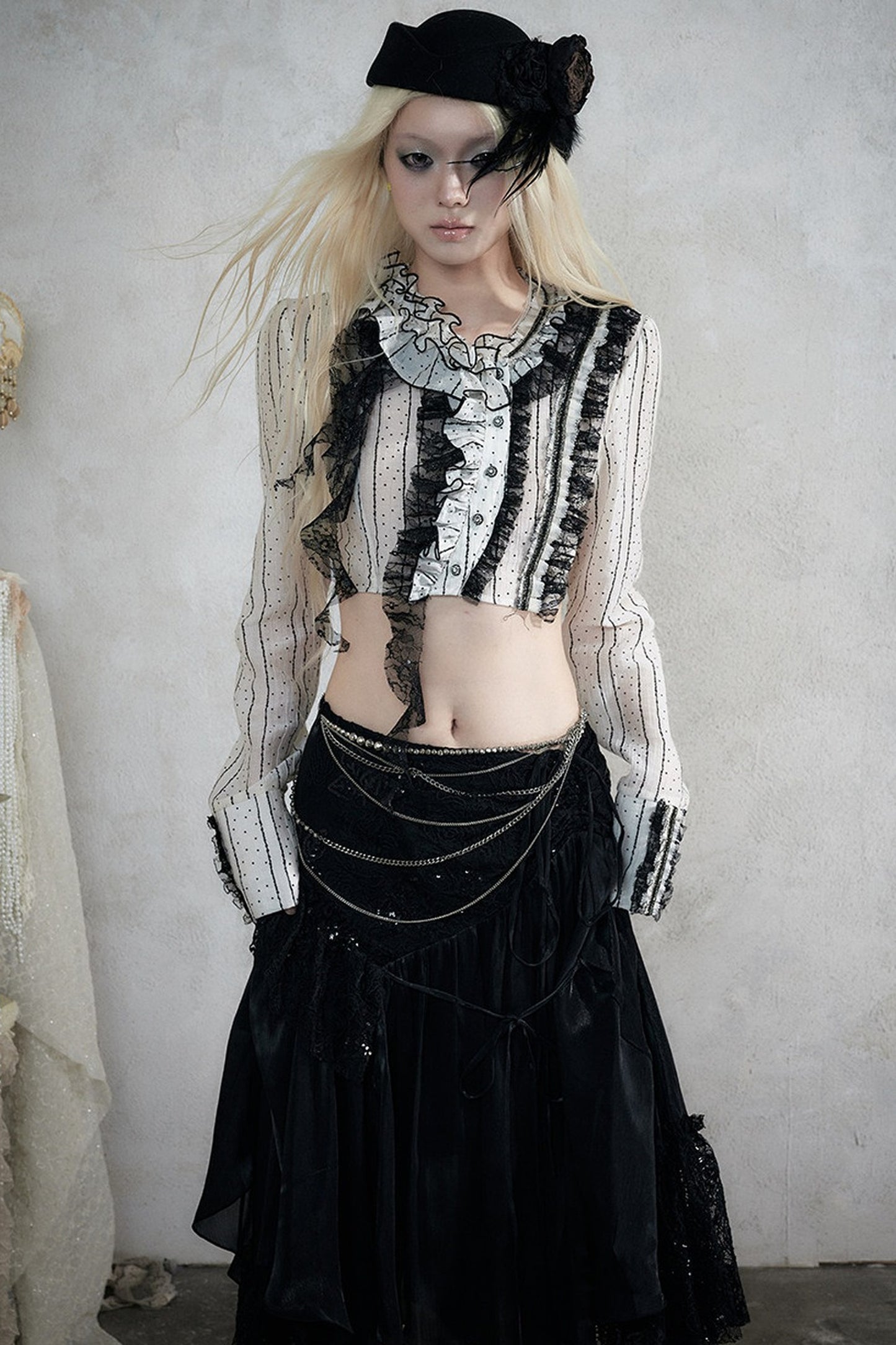 Asymmetric Polka Dot Striped Lace Shirt