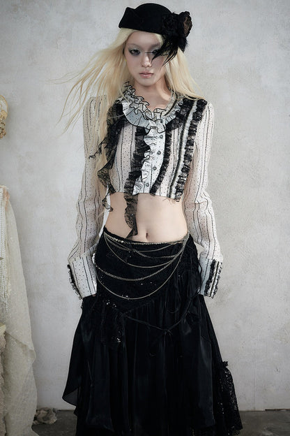 Asymmetric Polka Dot Striped Lace Shirt