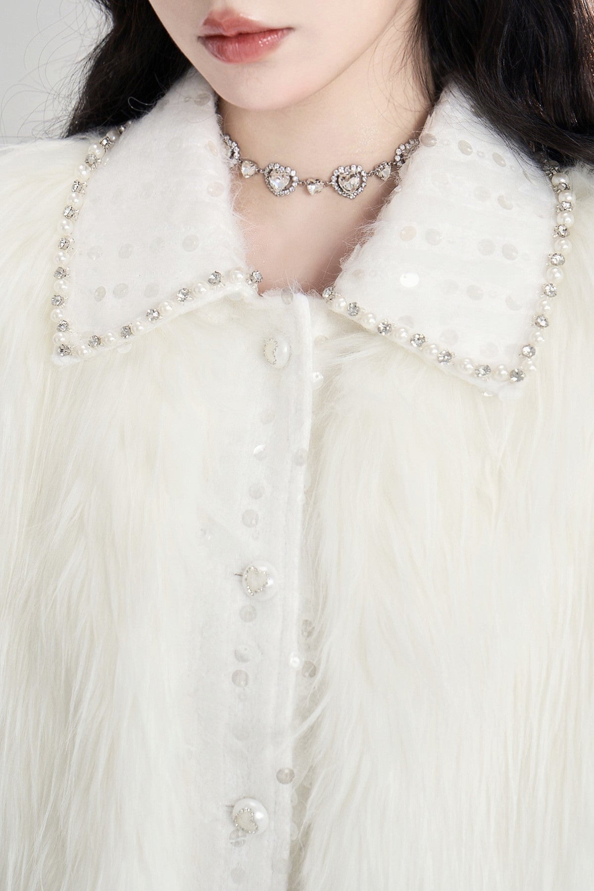 Snow Mountain Silver-White Long-Haired Fur Coat and Skirt Set-Up