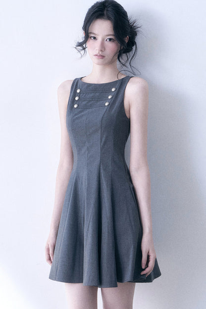 Decorative Button Sleeveless Flared Dress