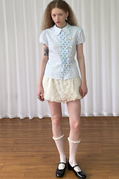 Blue Plaid Polka Dot Puff Sleeve Blouse