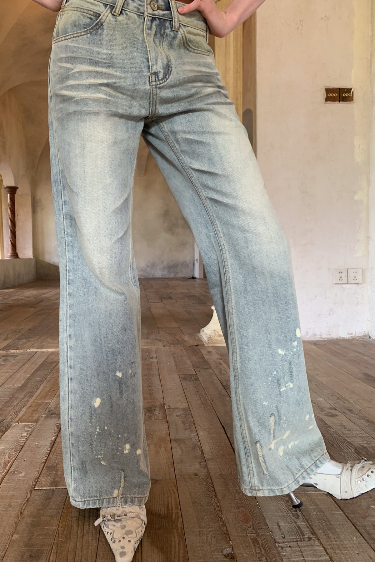 Washed Ink-Splashed Micro-Flare Jeans