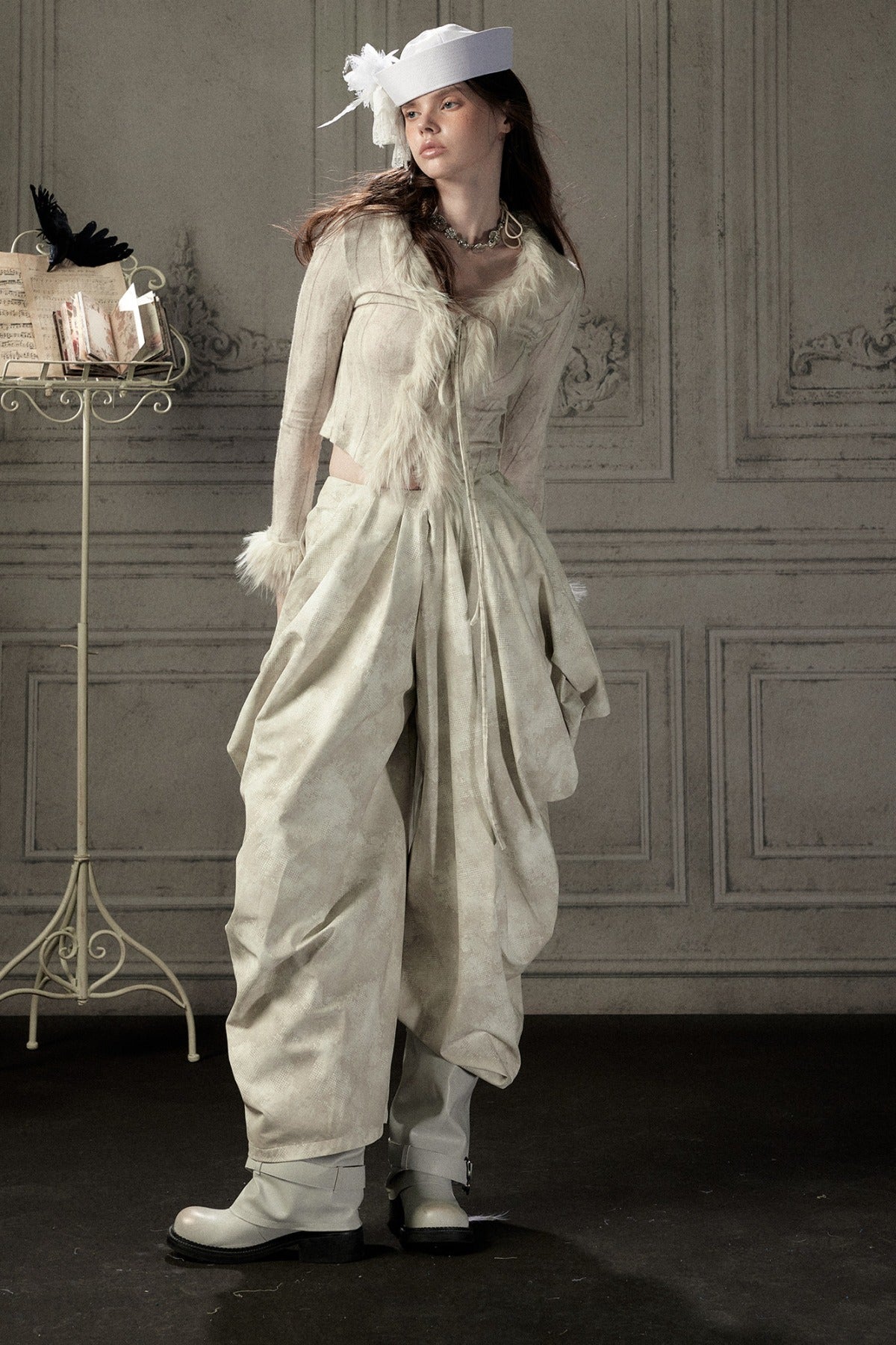 Beige Asymmetrical Stacked Long Pants