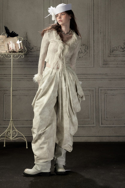 Beige Asymmetrical Stacked Long Pants