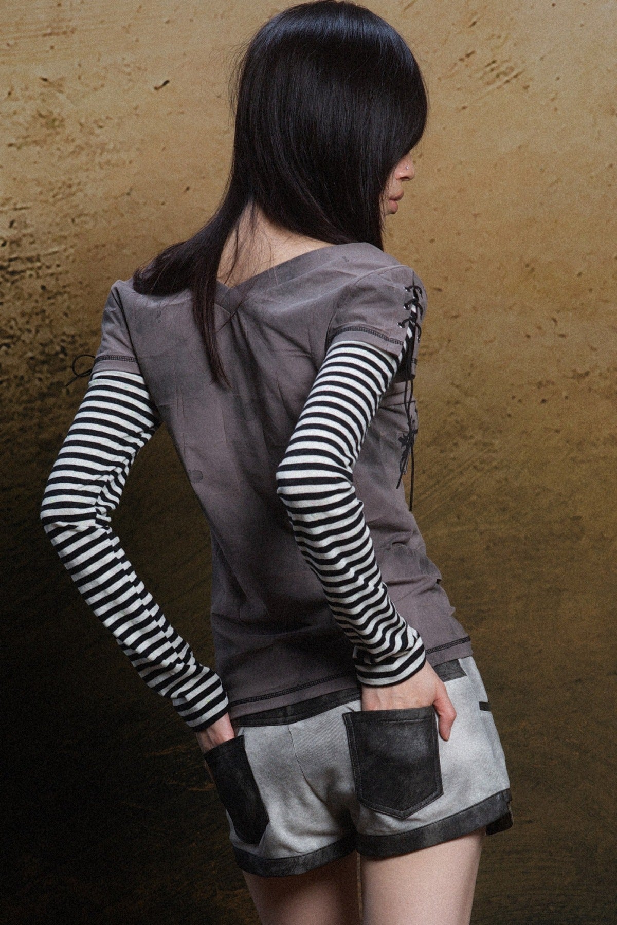 Cross Print Layered-Look V-Neck T-Shirt
