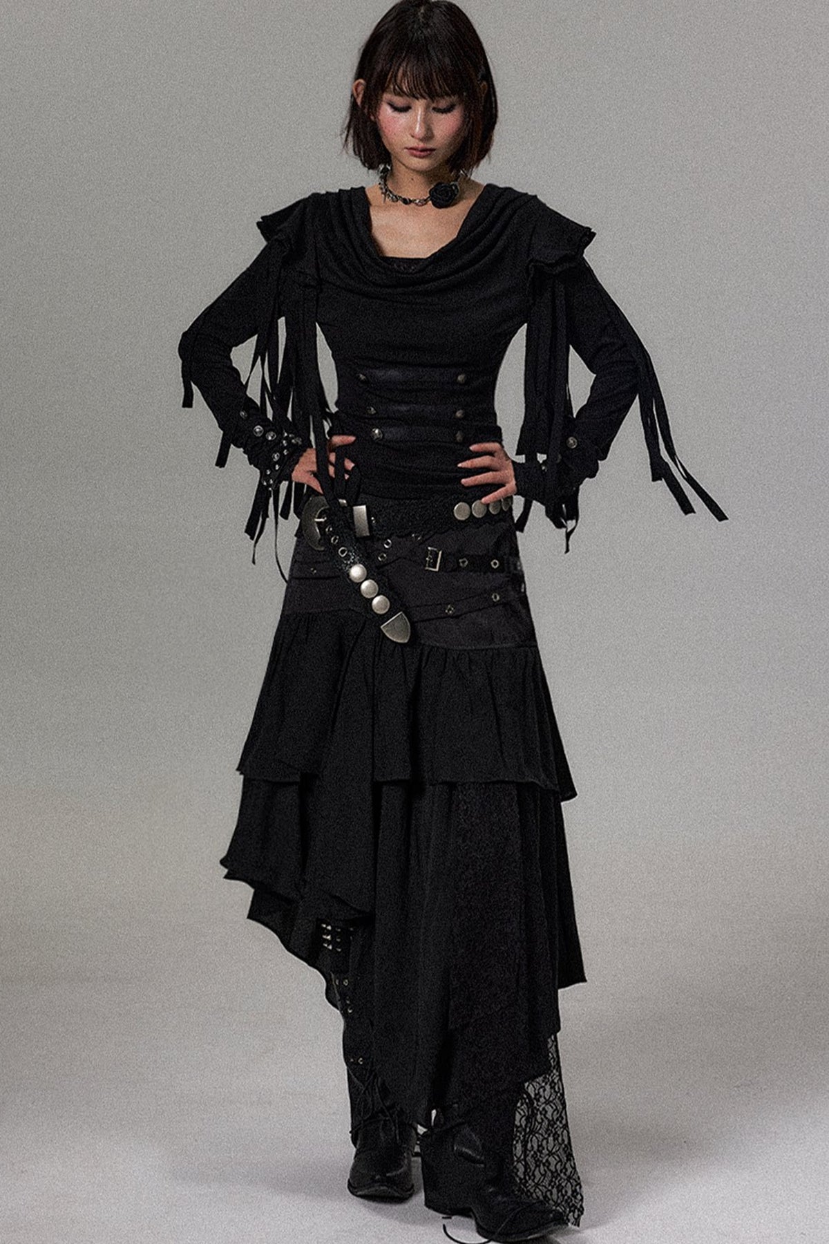 Dark Palace Buttoned Tassel Knit Top