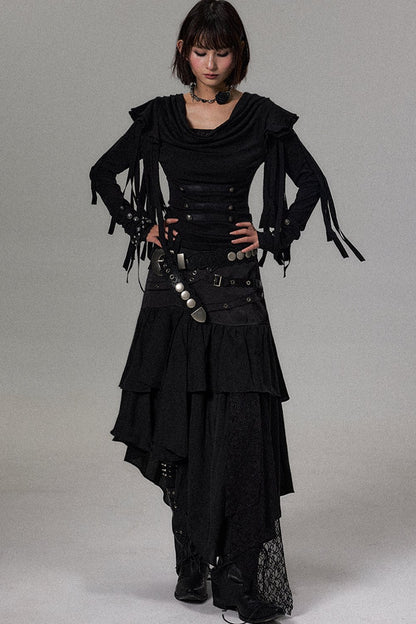 Dark Palace Buttoned Tassel Knit Top