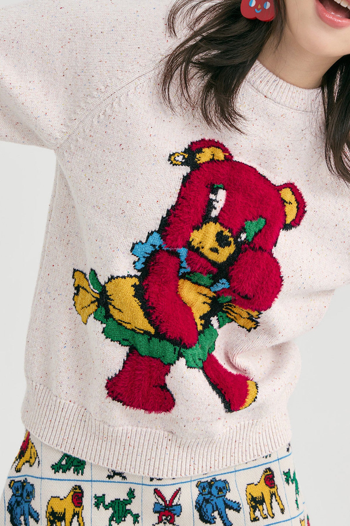 Red Cartoon Bear Raglan Pullover Sweater