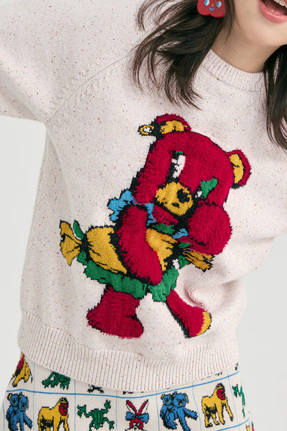 Red Cartoon Bear Raglan Pullover Sweater