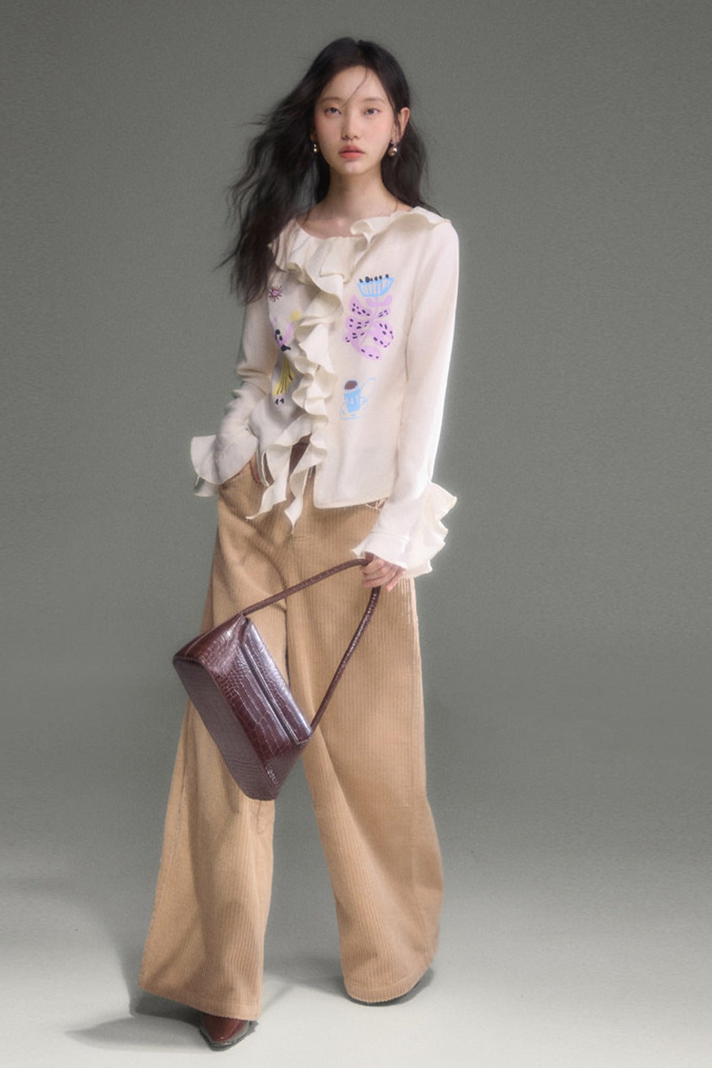 French Ruffle Flared Long-Sleeve Blouse