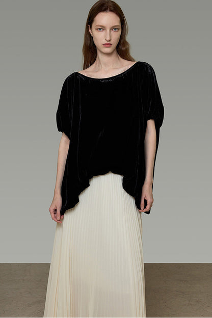 Black Velvet Top And Pleated Skirt Set