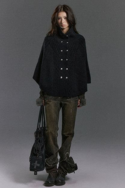 Detachable Fur Collar Cable Knit Cape
