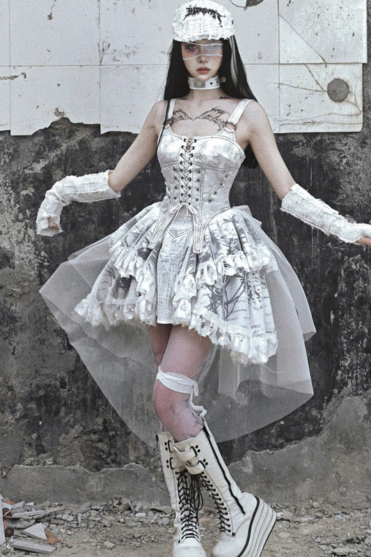 Distressed Suede Trailing Tie-Up Suspender Dress